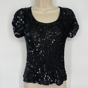 Vtg Y2K Womens Top Sequin Black Pullover Club Indie Sleaze Party Rave 90s Size S